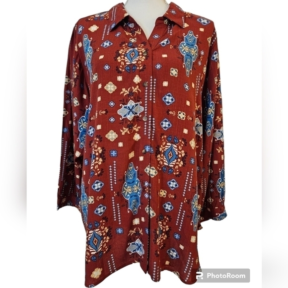 ALLISON DALEY BOHO BUTTON-UP BLOUSE SZ L RUST BLUE NWT - Picture 1 of 11